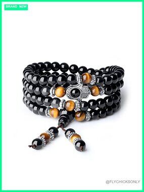 108 Mala Beads Hamsa Hand Wrap Bracelet Beaded Necklace Obsidian